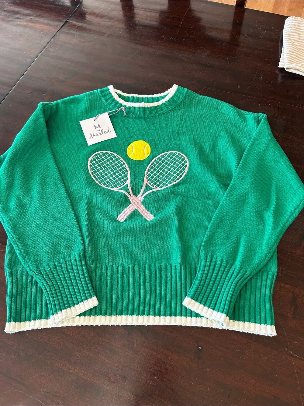 Marled Green Crewneck Sweater with Tennis Appliqué and White Trim.